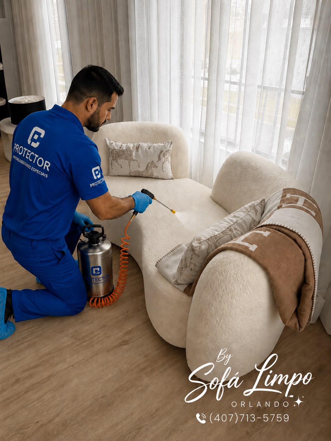 Profissional Sofá Limpo Orlando aplicando impermeabilizante Aquarynx® em sofá