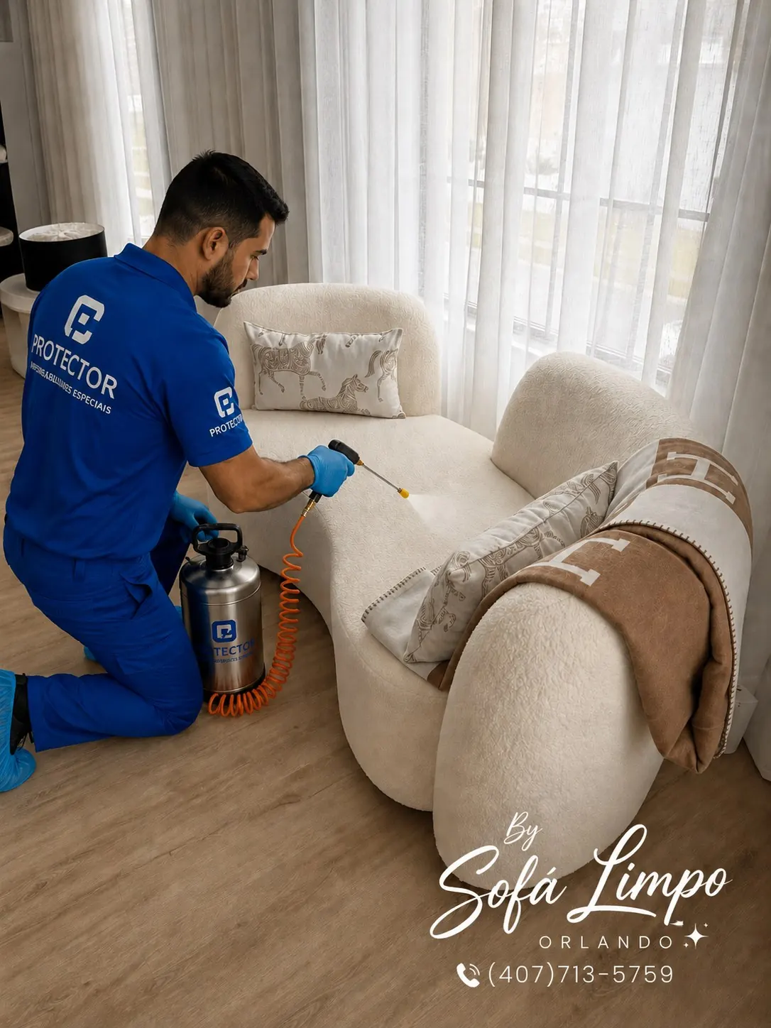 Profissional Sofá Limpo Orlando aplicando impermeabilizante Aquarynx® em sofá